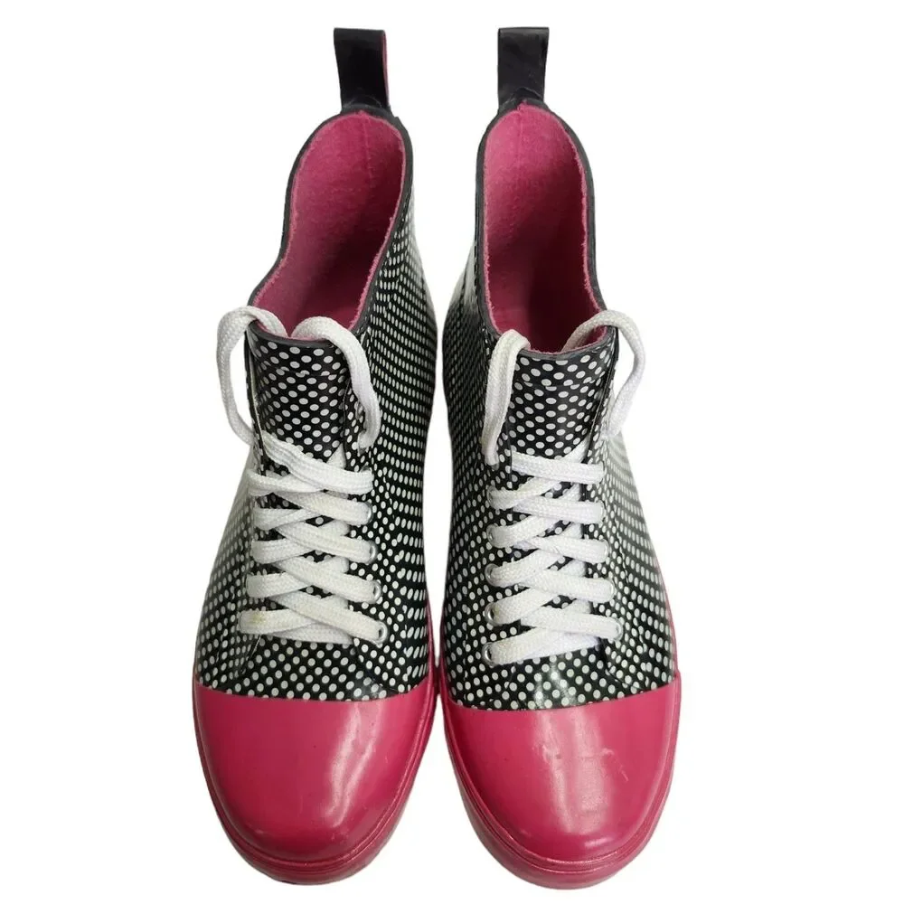 LA Gear High Top Rain Boots Womens 8 Polka Dot Black Pink Rubber Vintage 90s